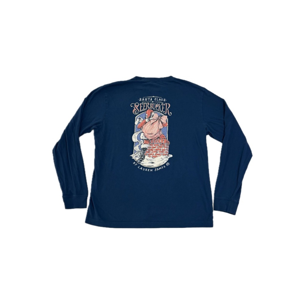 Lauren James Seersucker Santa Christmas Long Sleeve Tee in Estate Blue Navy - M